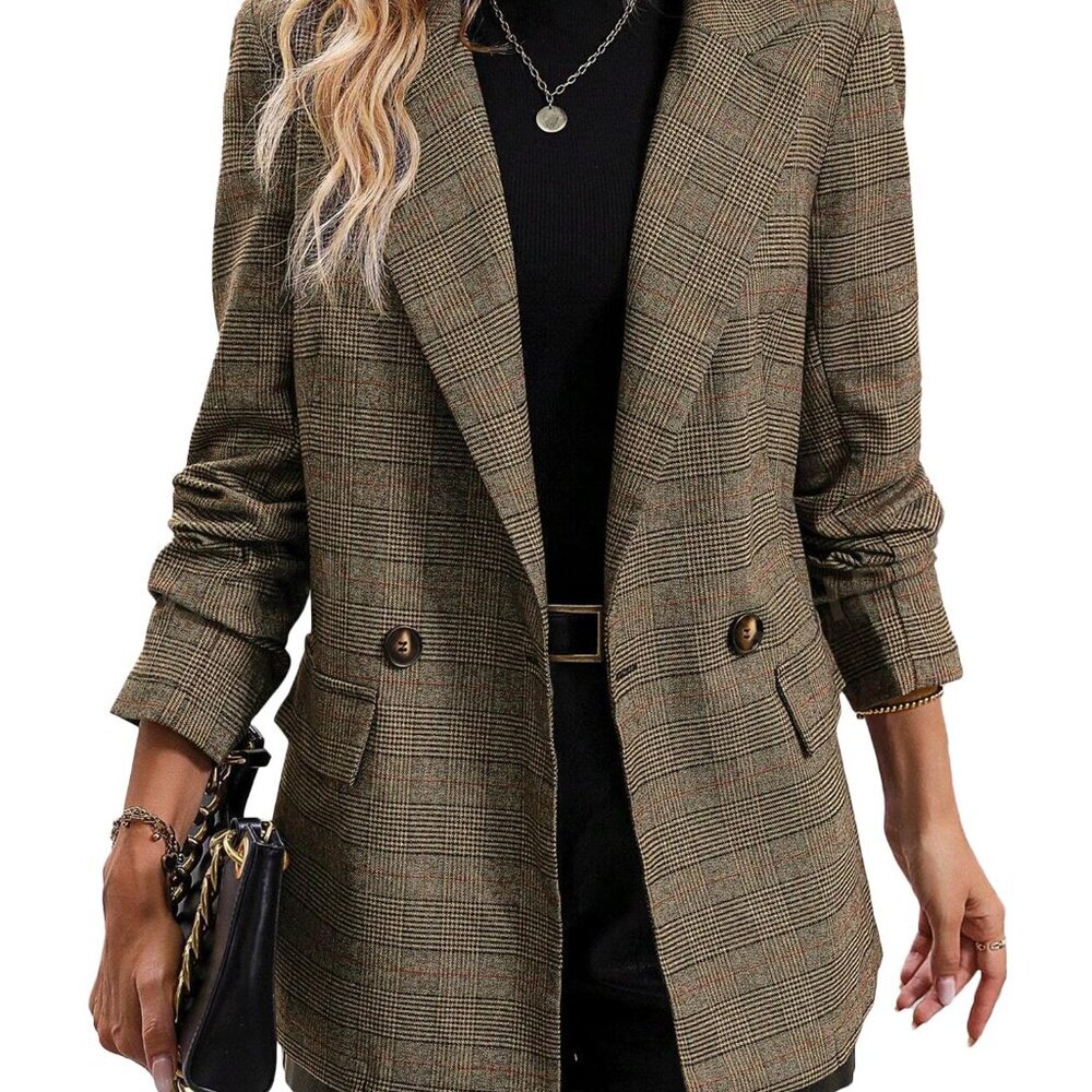 Plaid Houndstooth Blazer Double Breasted Tailored Work Office Chic
